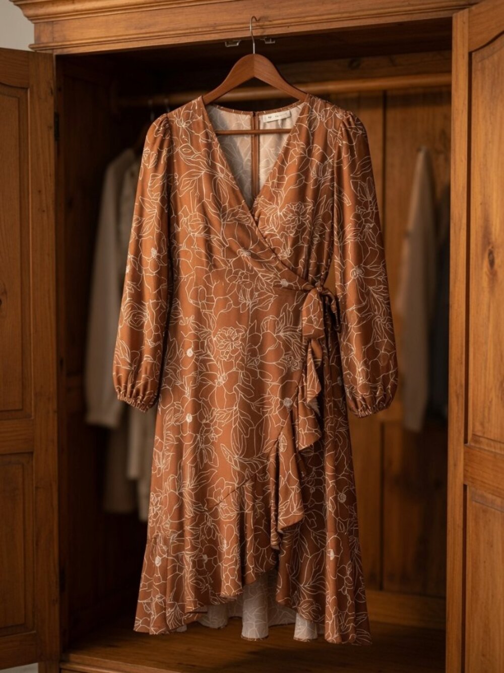 Plus, size Julia Long Sleeve Cascading Ruffle wrap dress in Carmel